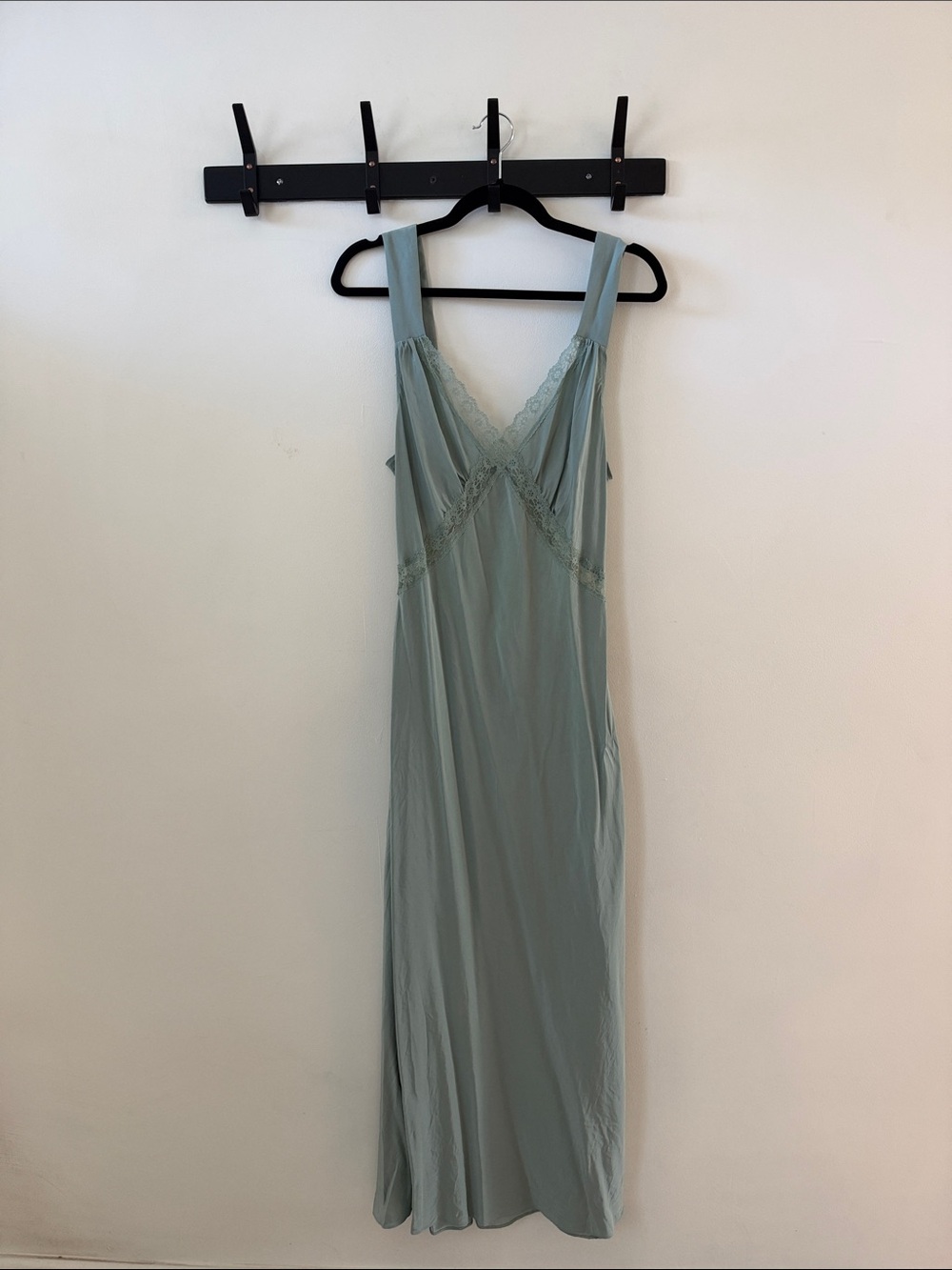 Reformation sage green/blue silk lace maxi slip dress